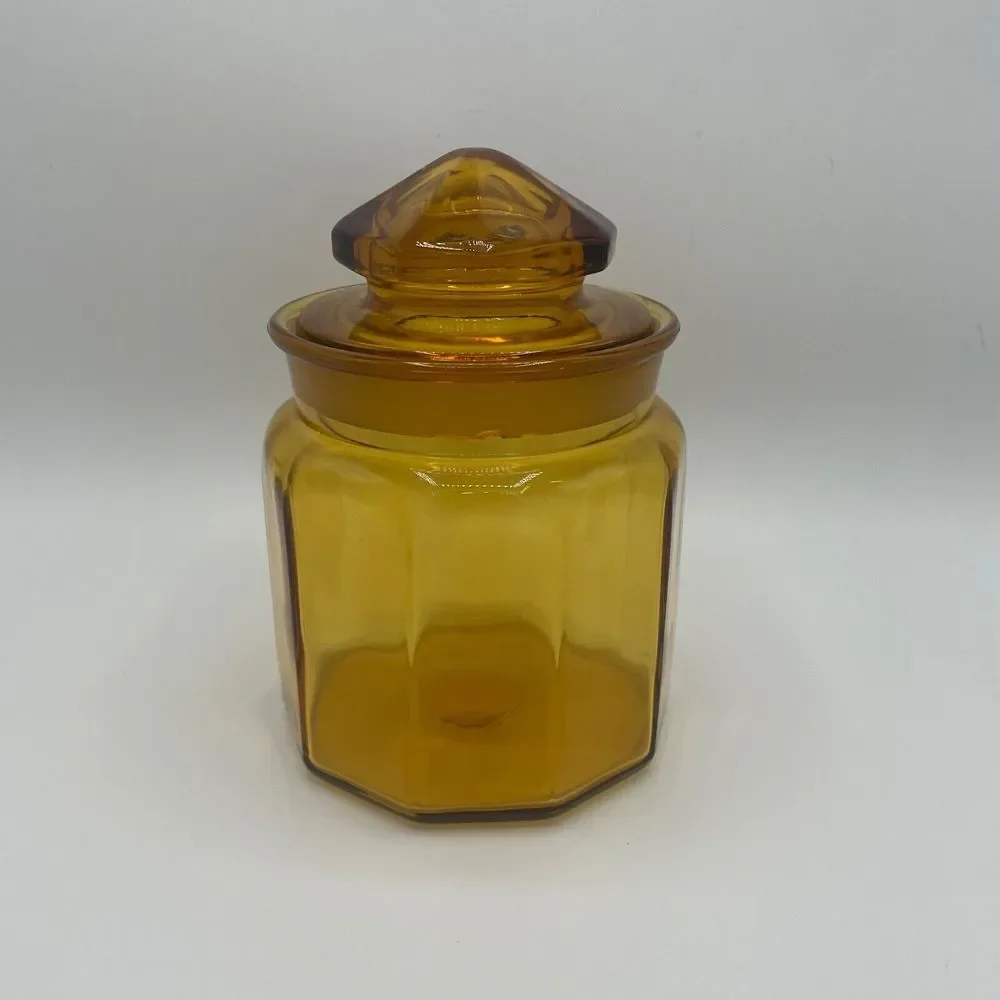 Vintage LE Smith 10‎ Panel Amber Glass Apothecary Canister Jar w/Lid 7